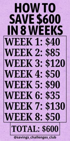 a purple poster with the words how to save $ 600 in 8 weeks