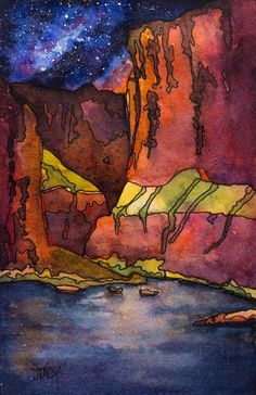 watercolor painting of mountains and stars in the night sky over a body of water