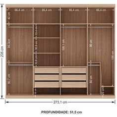 the measurements for an open closet with drawers and shelves on each side, including two doors