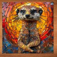 a stained glass mosaic with a meerkat on it's face and hands