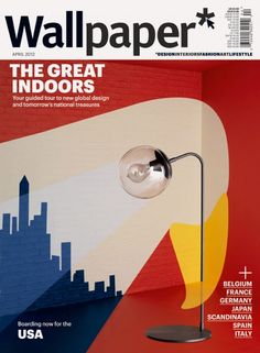 the front cover of wallpaper magazine with an image of a floor lamp and cityscape