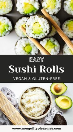 sushi rolls with chopsticks and avocado on the side text says easy sushi rolls vegan & gluten - free