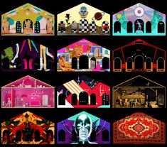 an image of a set of houses with different colors and designs on the front, side, and back