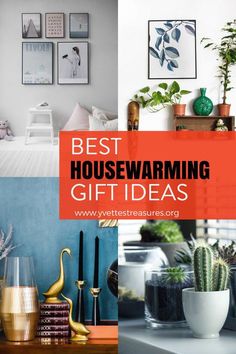 the words best housewarming gift ideas are overlaid by photos of plants and vases