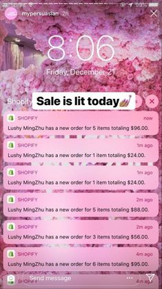 an iphone screen with pink flowers on it and the text sale is it today written in white