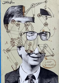 a drawing of a man's head with glasses on top of his head, surrounded by lines and circles