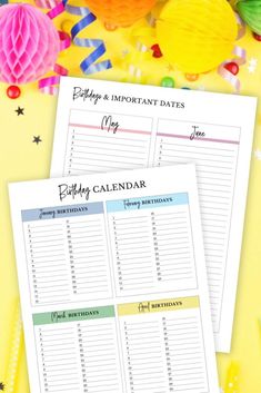 two printable birthday calendars with balloons and streamers on the table next to them