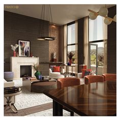 a living room filled with furniture and a fire place in front of a window next to a fireplace