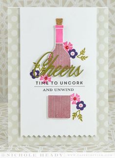 a card with a wine bottle and flowers on it