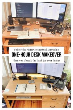 two computer screens sitting on top of a wooden desk next to a keyboard and mouse