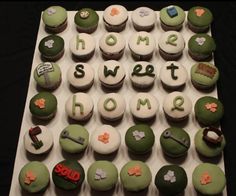 cupcakes with green frosting are arranged in the shape of letters and numbers