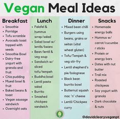 the vegan meal ideas list is shown in three different colors, including green and pink