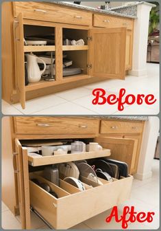 before and after photos of kitchen cabinets with open drawers on the bottom, in between