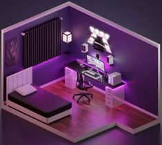 a room with a bed, desk and computer on the wall is lit up by purple lighting