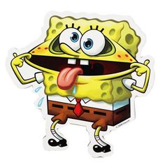 spongebob sticker with his tongue out and eyes wide open, standing in front of a white background