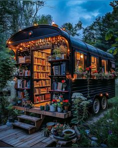 an old bus converted into a library with plants and bookshelves on the outside