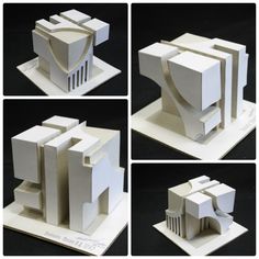 four different views of an architectural model made out of white construction paper, including the front and back sides