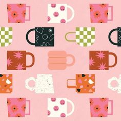 a pink background with coffee mugs on it