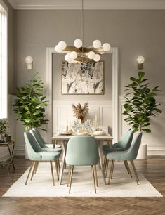 a dining room table with chairs and plants