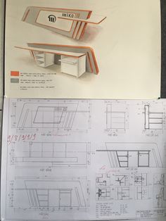 an architectural drawing of a desk and chair in the shape of a boat on display