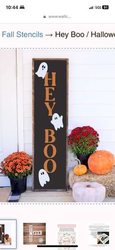 an image of halloween decorations on the front porch with text that reads happy booo