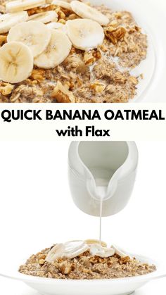 a bowl of oatmeal with bananas and milk being poured into it