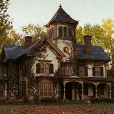 an old house with ivy growing on it's roof and windows, in the fall