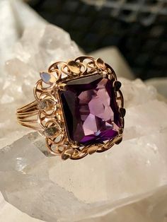 Circa 1940s Art Deco 14K Alexandrite Color Changing Purple Sapphire Vintage Art Deco Ring Antique 14k Gold Amethyst Ring, 14k Gold Art Deco Amethyst Ring, Yellow Gold Heirloom Jewelry, Rectangular 14k Gold Collectible Jewelry, 14k Gold Amethyst Ring Art Deco Style, 14k Gold Amethyst Ring In Art Deco Style, Antique 14k Gold Jewelry For Vintage Events, Heirloom Yellow Gold Jewelry For Vintage Events, Antique Ring Jewelry For Vintage Events