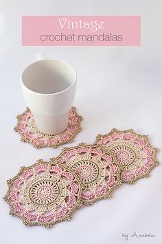 three crocheted coasters and a cup on a white surface with the text vintage crochet mandals