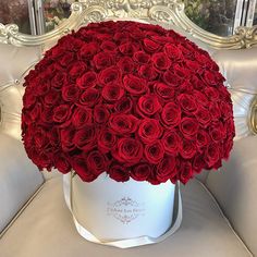 a large bouquet of red roses in a white hat box on a couch with mirrors behind it