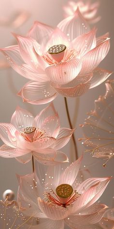 some pink flowers with water droplets on them and one flower in the middle is floating