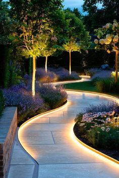 a garden path lit up at night with lights in the trees and flowers on either side