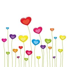 colorful hearts are arranged in the shape of flowers on a white background with green stems