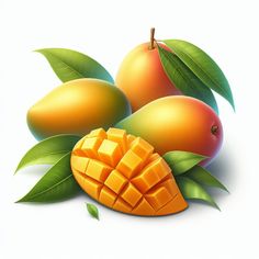 three mangoes and two pieces of mango with leaves on white background, realistic illustration