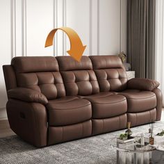 a brown leather couch with an arrow pointing to the left side and a coffee table in front of it