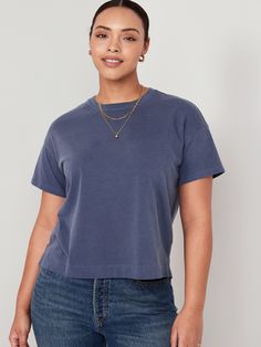 rib-knit crew neck short drop-shoulder sleeves loose fit hits below waist models are approx.  5'9" and wear sizes s (4), l (12), and xl (18) Old Navy Outfits, Navy Shirt, Old Navy Women, Loose Fitting Tops, Graphic Tops, Cute Tshirts, Vintage Tshirts, Cool T Shirts, Neck T Shirt