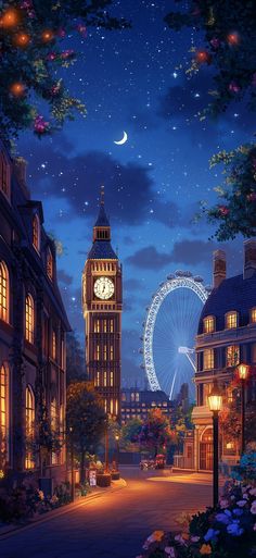 the big ben clock tower towering over the city of london at night with stars in the sky