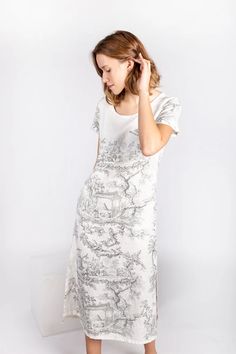 Linen Dress Toile De Jouy Midi Dress White Linen Dress - Etsy Lithuania Flowy Linen Midi Sundress, Flowy Linen Midi Dress, Linen Midi Length Sundress, Spring Linen Maxi Dress, Linen Sundress In Maxi Length, Linen Midi Maxi Dress For Garden Party, Linen Maxi Dress For Garden Party, White Linen Midi Dress For Daywear, White Linen Knee-length Dress For Spring