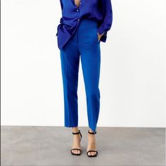 Zara Blogger Tapered Waist Royal Blue Pants Tailored Summer Office Bottoms, Blue Bottoms With Welt Pockets For Summer, Blue Pants With Welt Pockets For Summer, Spring Office Bottoms With Welt Pockets, Summer High-waisted Pantsuit For Office, Summer Office Straight Leg Pants, Spring Blue Wide Leg Pantsuit, Summer Office Dress Pants With Tapered Leg, Casual Blue Pants For Office