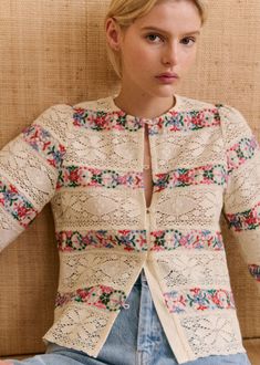 Long-sleeved blouse;Round neckline;Flared sleeves;Horizontal lace and embroidered bands;Button fronts;Mother-of-pearl buttons;Length from the shoulder: 54 cm / 21.3 in (EU36/UK8) Style Parisienne, Denim Suit, Diy Bags Purses, Paris Mode, Knitwear Dress, Leather Dresses, Upcycle Clothes, Parisian Style, Flared Sleeves