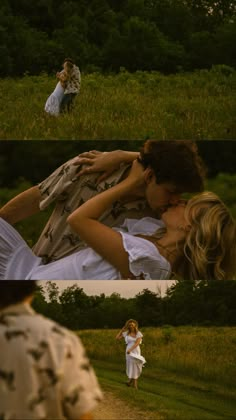 a man and woman kissing in the middle of two pictures, one is wearing a white dress