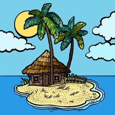 an island with a hut and palm trees