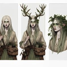 three different pictures of a woman with deer horns