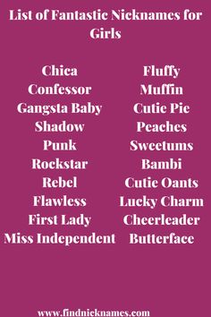 the list of fantastic nenames for girls in white text on a pink background