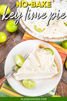 no bake key lime pie on a white plate with limes in the background