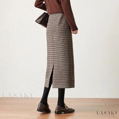 Lasaky - Thickened Plaid Midi Skirt with Split Hem and Herringbone Pattern Woolen Dress, Wool Midi Skirt, Plaid Midi Skirt, Checked Skirt, Woolen Dresses, Fairy Skirt, Check Design, Wool Pencil Skirt, Houndstooth Pattern