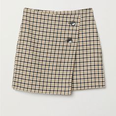 New With Tags H&M Asymmetrical Plaid Skirt With Two Buttons. Zips Down Back. Never Worn, Size 4. Brown Asymmetrical Skirt For Work, Brown Asymmetrical Skirt For Workwear, Beige Asymmetrical Mini Skirt For Workwear, Casual Asymmetrical Mini Skirt For Workwear, Chic H&m Mini Skirt For Fall, H&m Mini Skirt For Fall Workwear, Fall Workwear Mini Skirt By H&m, Chic H&m Short Skirt, H&m Fall Skirt For Workwear