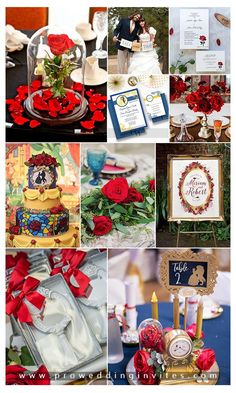 a collage of photos with red roses and other things in them, such as wedding decorations