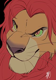 an animated lion with green eyes and red hair