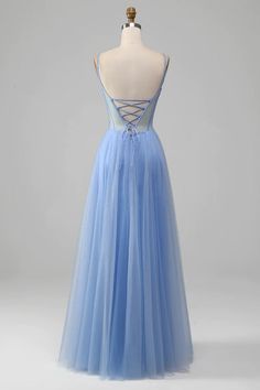 Blue Fitted A-line Bridesmaid Dress, Blue A-line Tulle Evening Dress, Blue Tulle Dress For Prom Season, Blue Wedding Evening Dress With Corset Back, Blue Evening Dress With Corset Back For Wedding, Blue V-neck Dress For Debutante Ball, Blue Tulle Gown For Homecoming, Light Blue Tulle Bridesmaid Dresses, Light Blue Tulle Dress For Prom Season